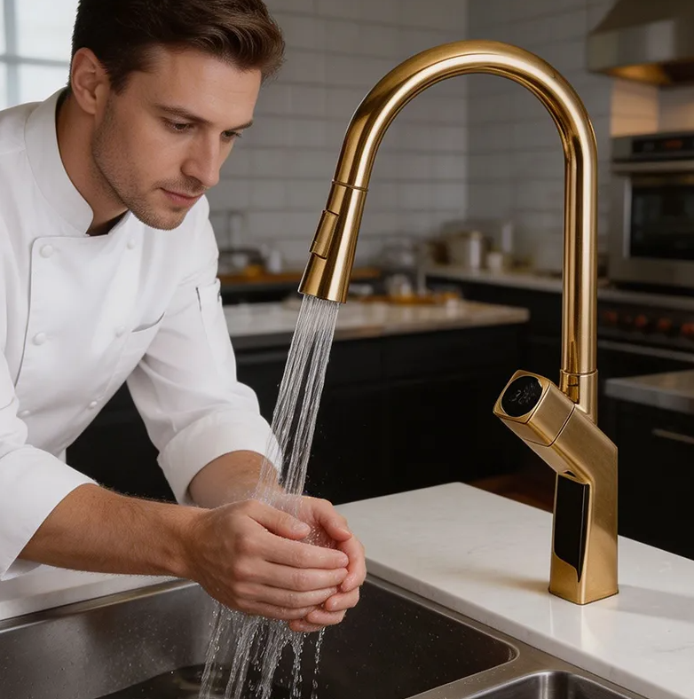 Smart Pull-Out Kitchen Faucet with Digital Temperature Display, Magnetic Spray Head & Water Saving Design